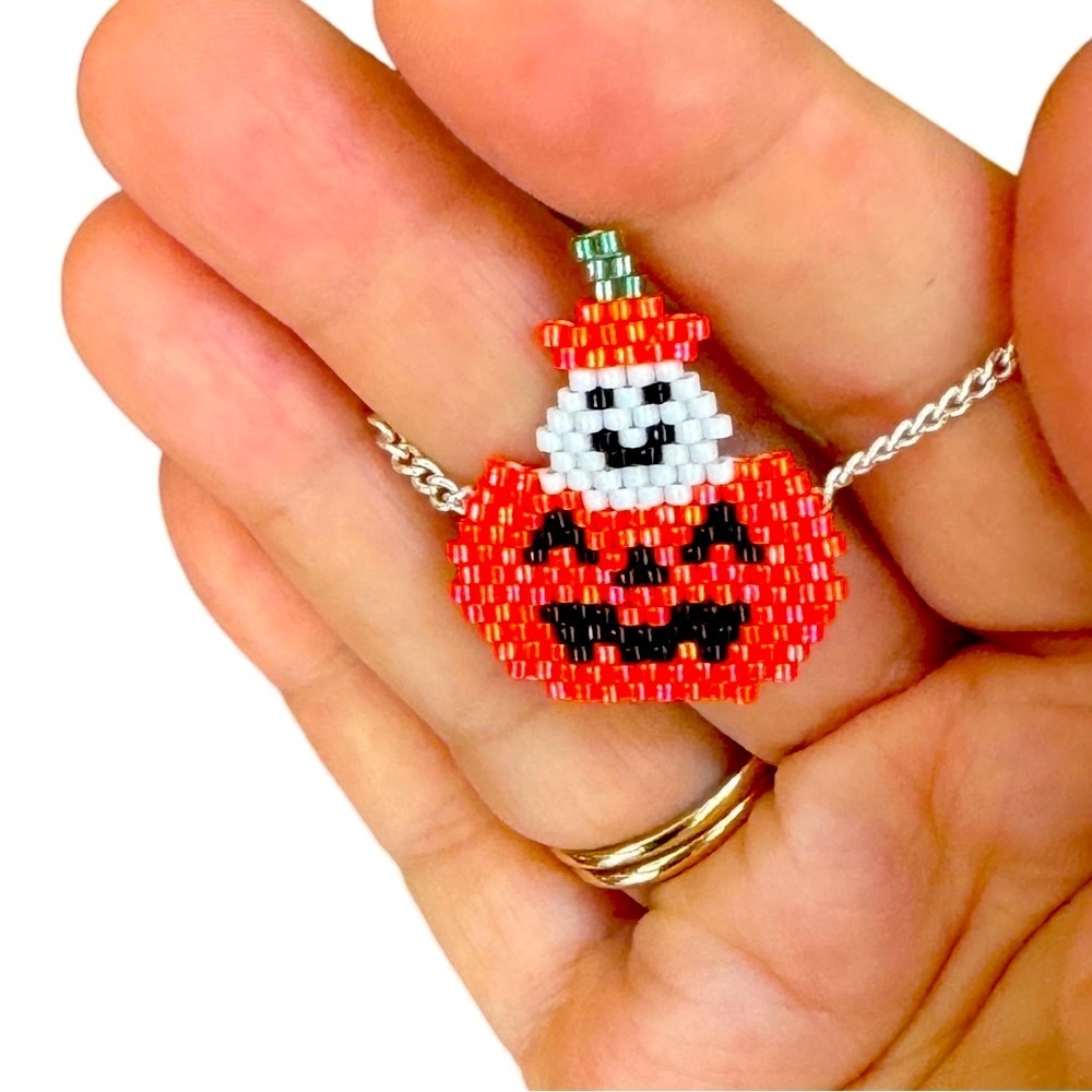 Handcrafted Halloween Adjustable Choker Necklace - Smiling Pumpkin & Ghost
